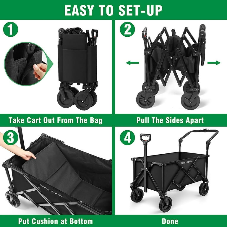 BEAU JARDIN Foldable All Terrain Beach Cart With 360° Wheels, Heavy Duty Utility Black Cart