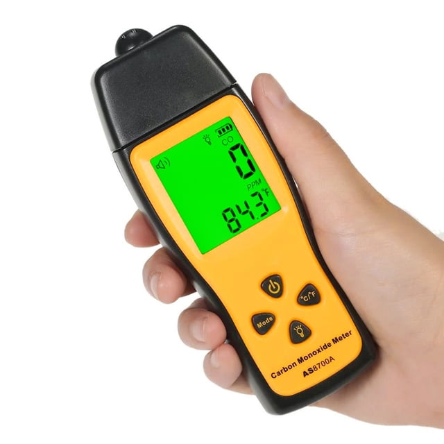 Handheld Carbon Monoxide Meter CO Detector Portable CO Gas Leak Detector High Precision Carbon Monoxide Tester. The device features an orange and black ABS plastic body with a large LCD screen displaying CO levels in ppm and ambient temperature in °F. It includes buttons for power, mode, and unit selection, and offers sound and light warnings for CO detection. Compact and lightweight, it is suitable for industrial and home safety applications.