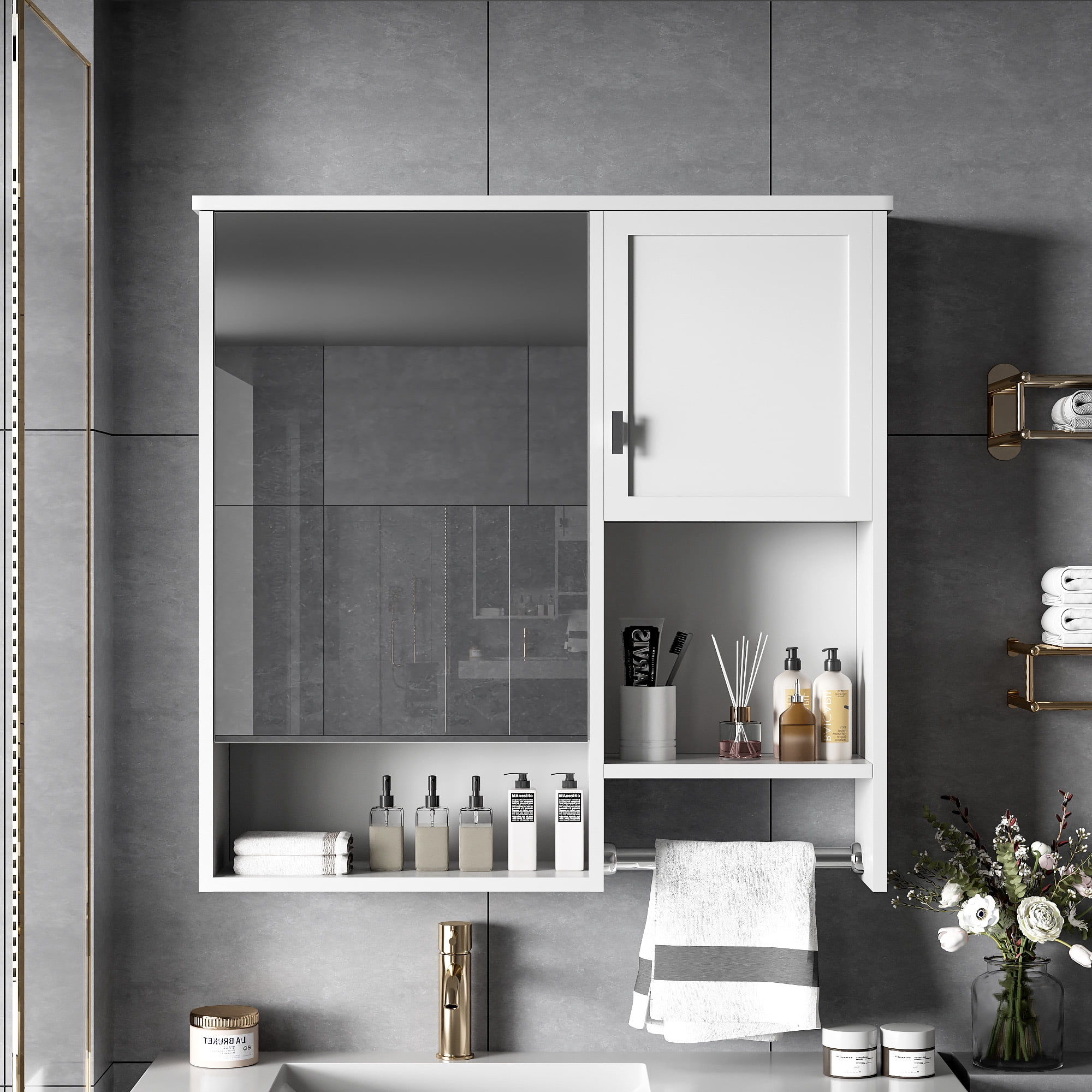 Euroco Wall-Mounted Bathroom Mirror Cabinet, Adjustable Shelf, Waterproof MDF, Space-Saving Medicine Cabinet with Storage for Bathroom, Bedroom or Over Toilet, 27"x23.6"