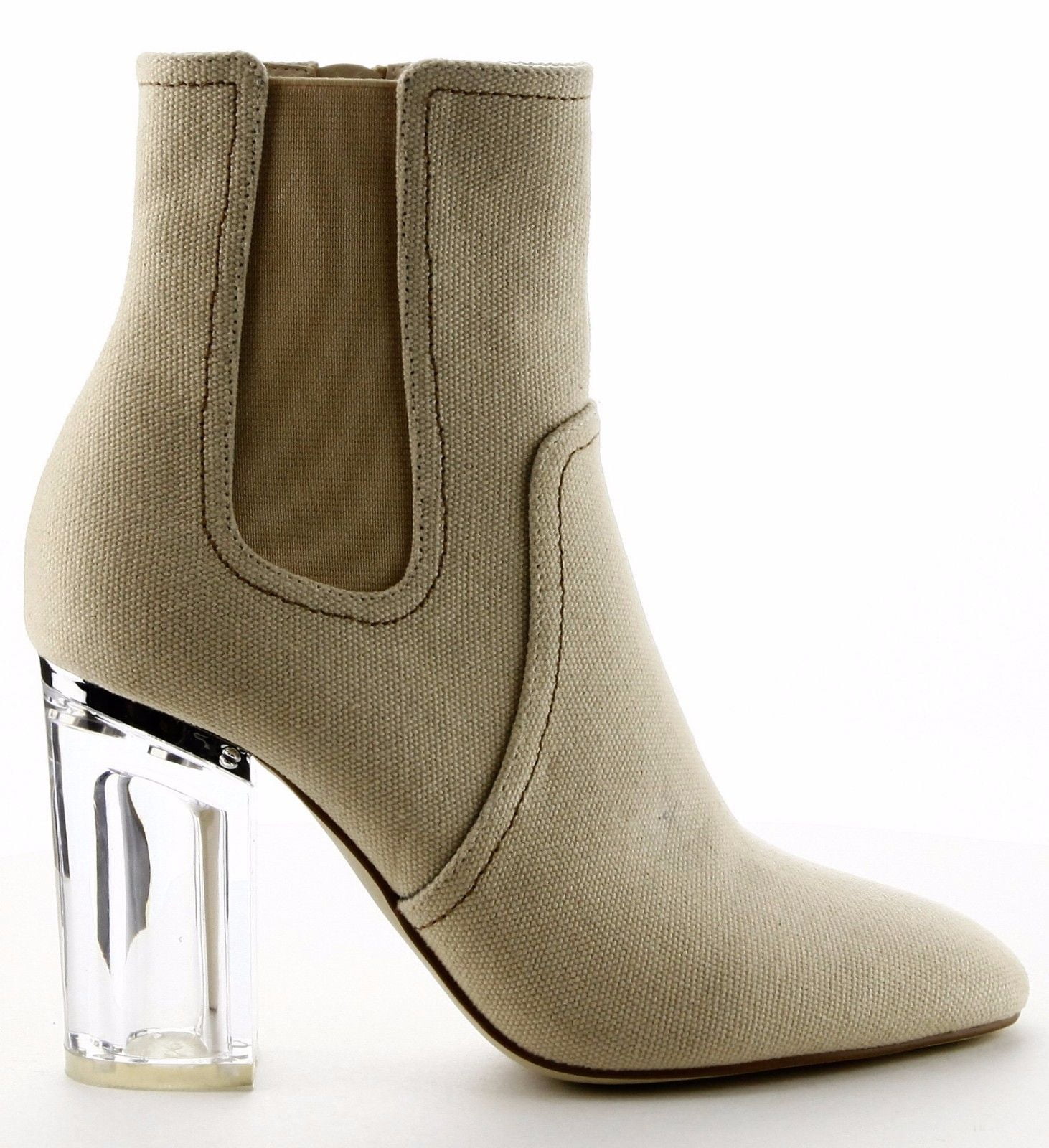 Cape Robbin Fay 10 Elastic Ankle High Lucite Clear Block Chunky Heel Bootie Shoe Canvas Nude
