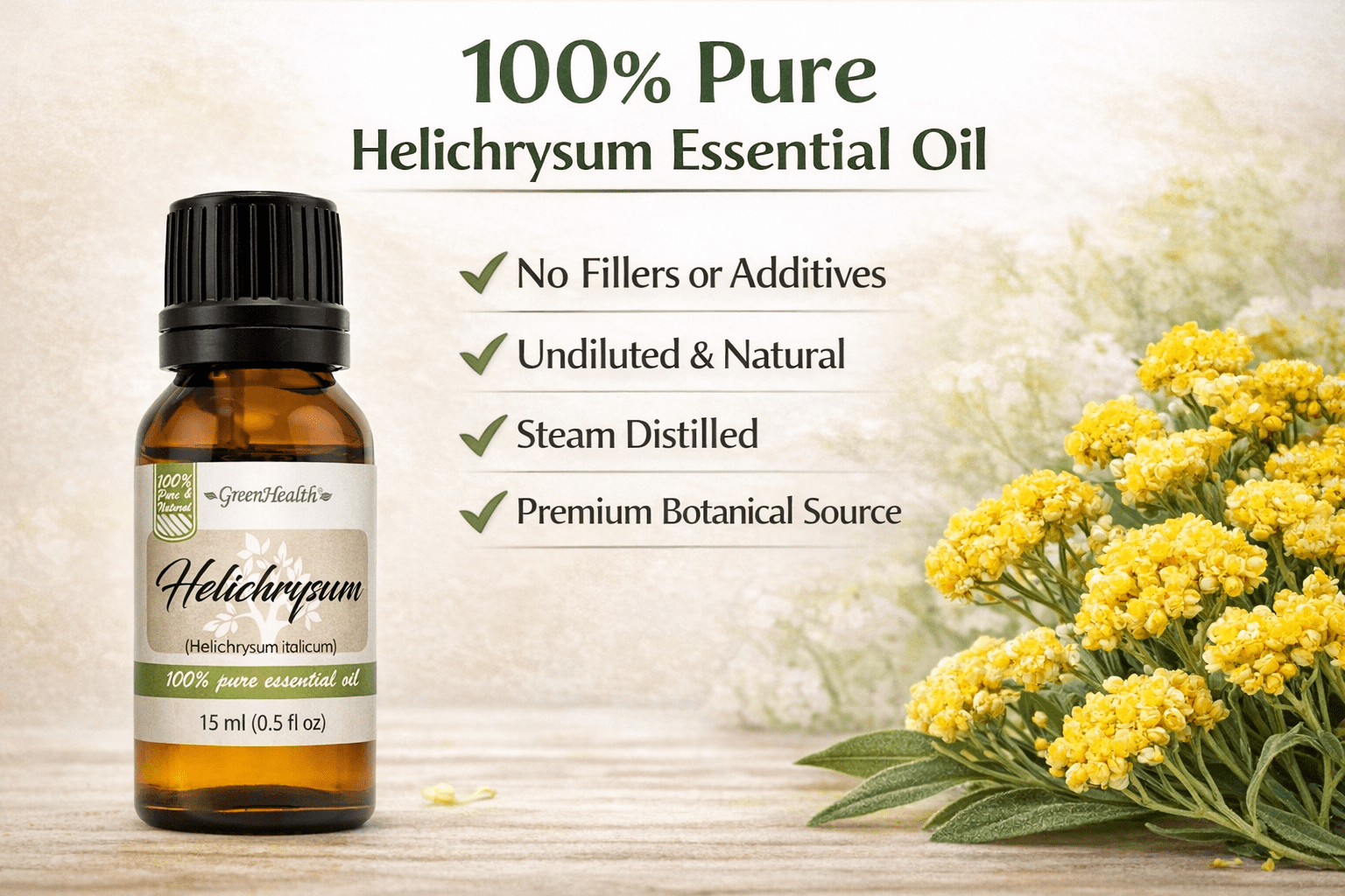 GreenHealth Helichrysum Essential Oil 15 ml (0.5 fl oz) – 100% Pure Immortelle Oil, Amber Glass Bottle w/ Euro Dropper – for Aromatherapy, Skincare, DIY Beauty & Massage Oils