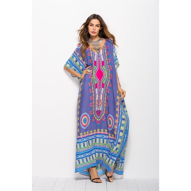 Vestido largo caftán holgado de verano con estampado étnico para mujer, ropa de playa y noche