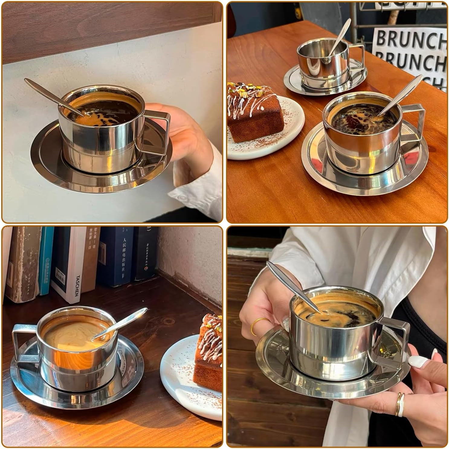 ABPETE Stainless Steel Coffee Cup Set, 200ml/7oz Insulated Coffee Cup Set Double Walled Mugs Milk Tea With Spoon Saucer for Coffee Latte Tea Milk