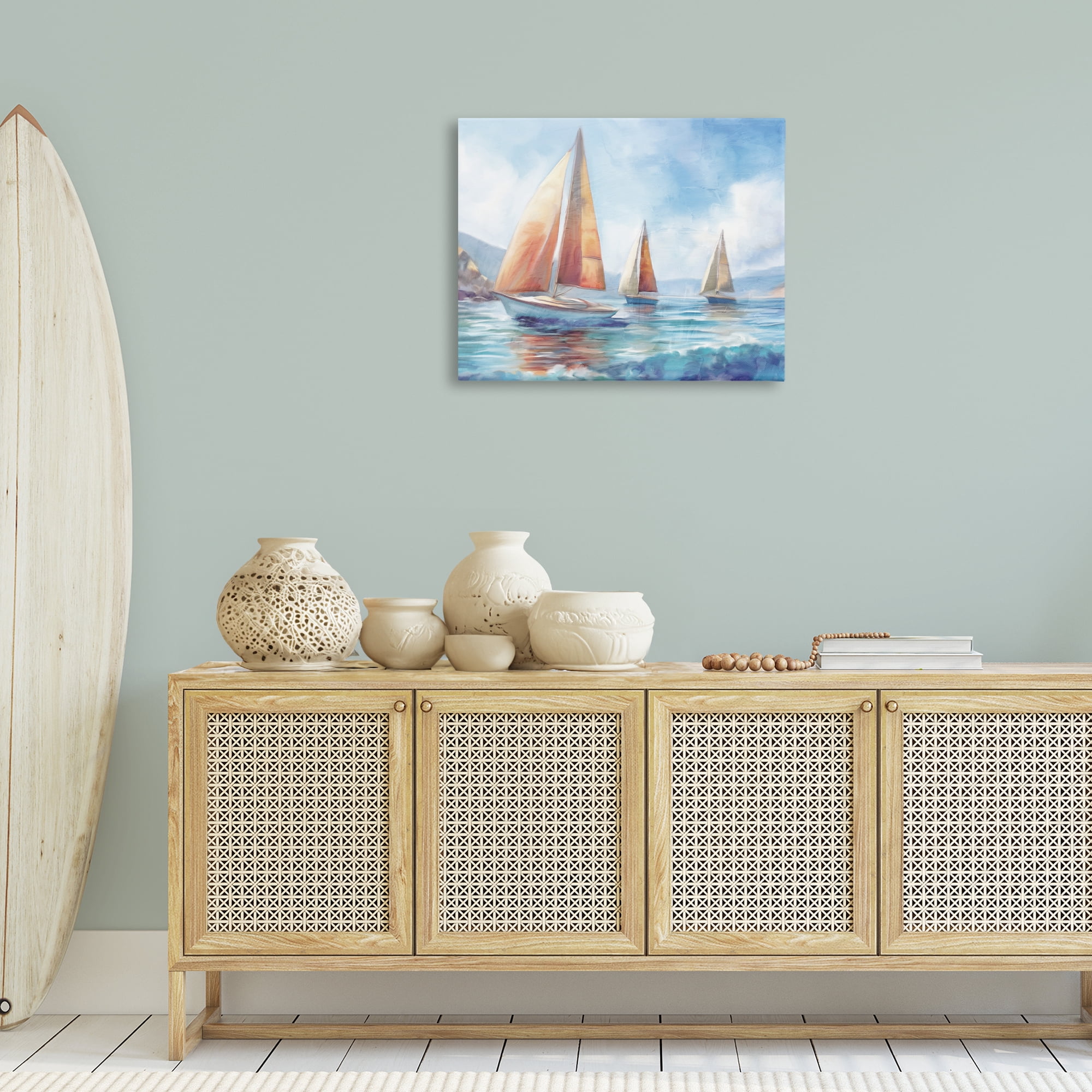 Stupell Industries Three Boats Drifting Coastal Painting Gallery Wrapped Canvas Art Print Wall Art, 30 x 24