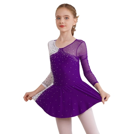 ZDHoor Kids Girls Shiny Rhinestone Mesh Tutu Figure Skating Dress Sizes 6-16 Purple-A 8