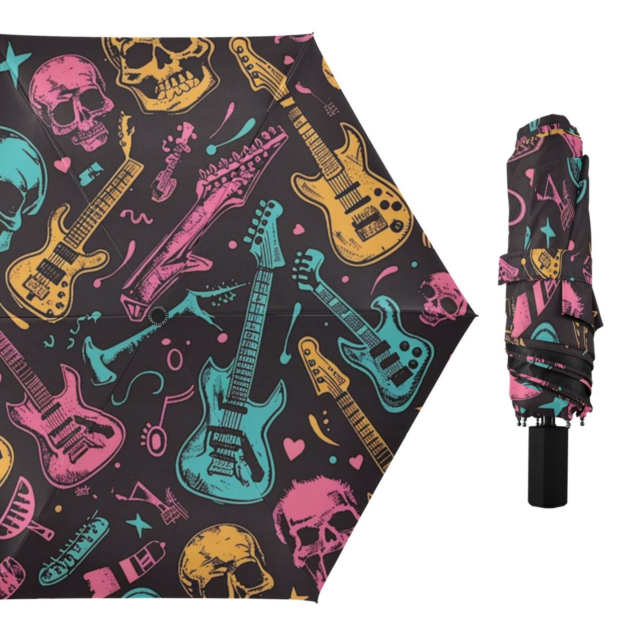 ALAZA Skull and Guitars UPF 50+ Compact Folding Umbrella for Rain Travel Umbrella Packable