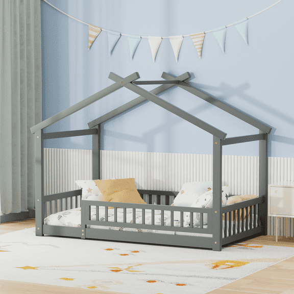 Twin Size House Floor Bed with Roof, Wooden Montessori Floor Bed Frame with Safety Fence and Wooden Slats, Montessori House Floor Bed for Boys and Girls, Gray