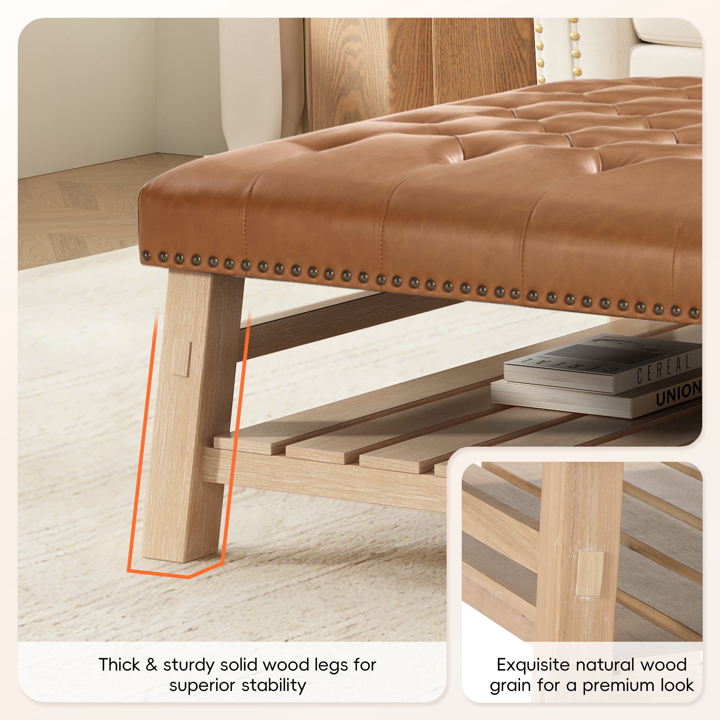 GARITIN Tufted Square Ottoman 41.5 Inch, Large Upholstered Footstool Coffee Table with Slatted Storage Shelf and Nailhead Trim, Brown