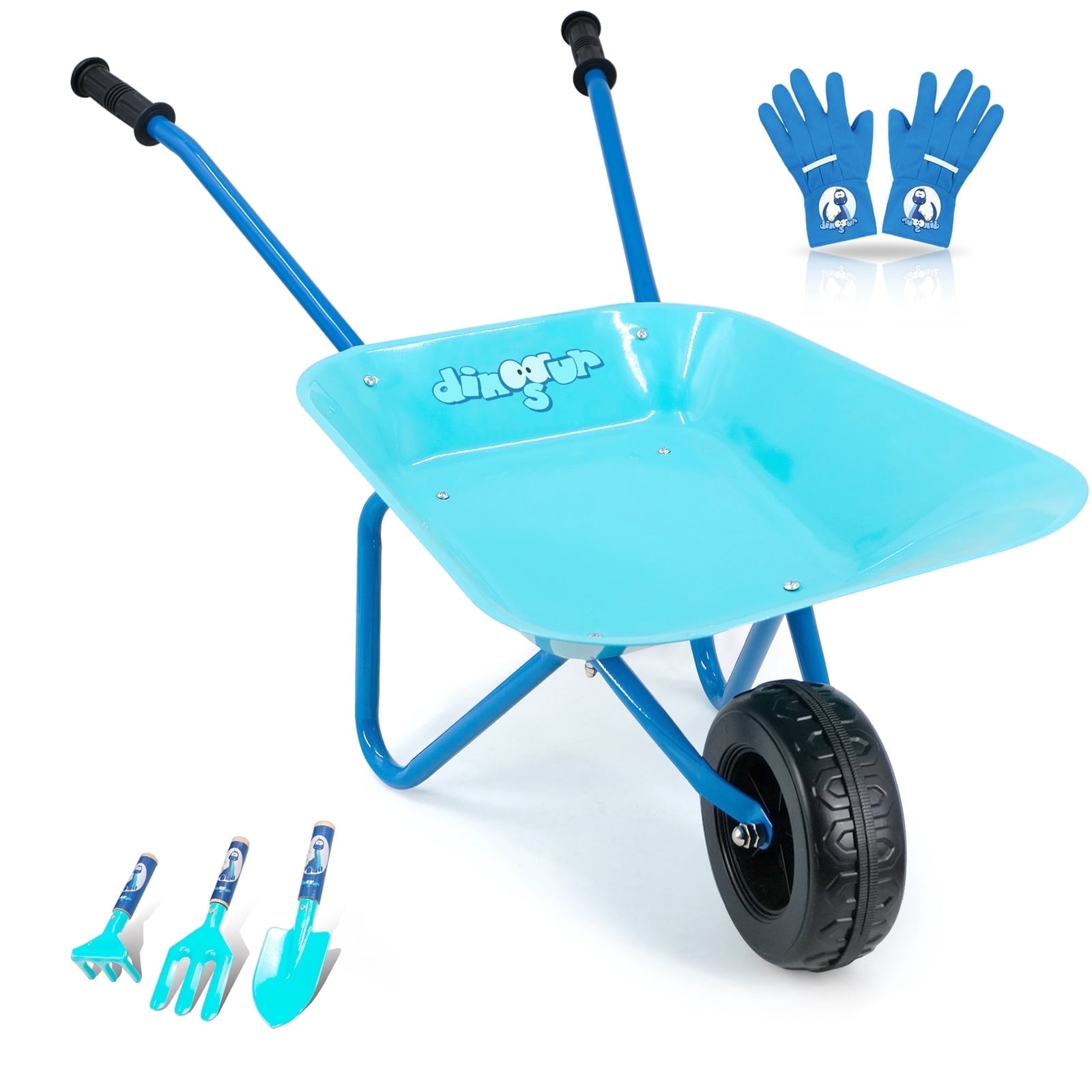 Colwelt Kids Wheelbarrow Set Metal 5 PCS,  Blue Small Child wheelbarrow, Gardening Tools for Kids， Outdoor Indoor Garden Backyard Toy Gift for Children 3+Years Old