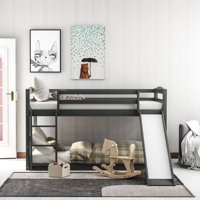 Solid Wood Low Bunk Beds for kids, AUCHEN Gray Twin Over Twin Bunk Bed with Slide and Ladder, Two Forms - Bunk Bed or 2 Separate Bed, Twin Bunk Bed Frame with Guardrails