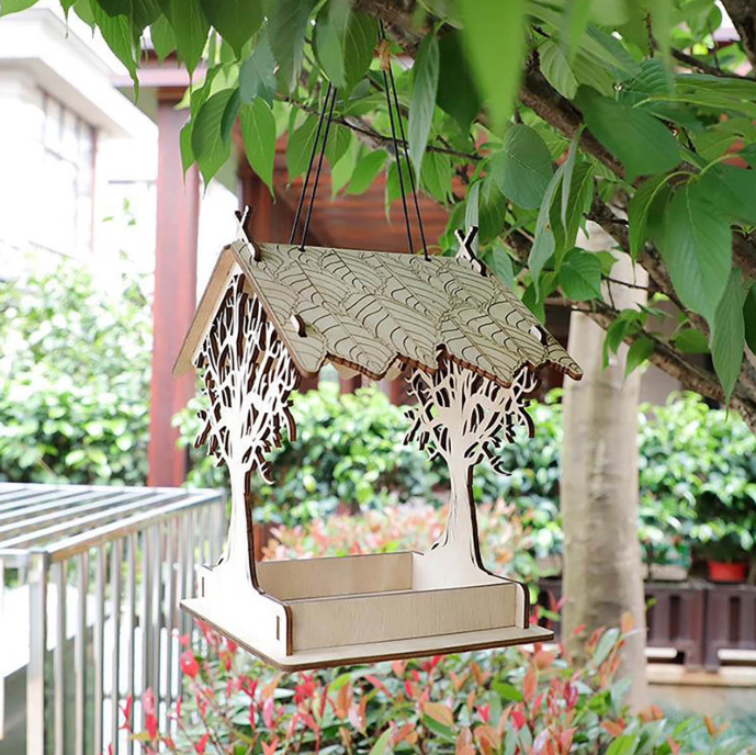 11.42in Tree Silhouette Wooden Bird Feeder, Rustic Natural Plywood Stand-Up & Hanging Feeder, Decorative Pagoda-Style Feeder for Wild Birds