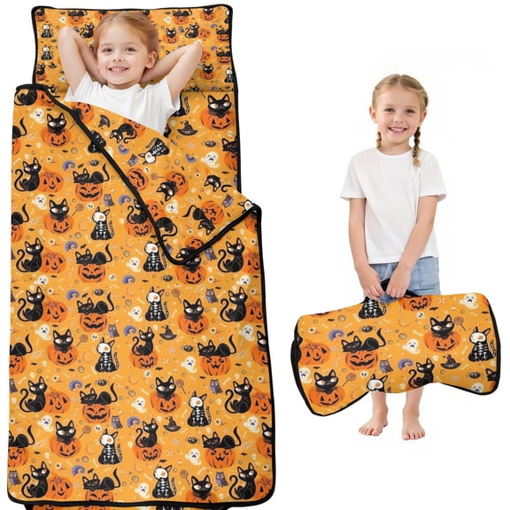 Cats and Pumpkins Halloween Pattern Toddler Nap Mats for Kids Preschool,50"x20" Sleeping Mat Bag or Kids,Toddler Sleeping Bag,Toddler Nap Mat or Daycare