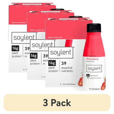 (3 pack) Soylent Plant Protein Meal Replacement Shake, Strawberry, 11 fl oz, 4ct
