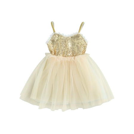 

Suanret Toddlers Girl Sling Dress InfantsSequin Sleeveless V-neck Patchwork Mesh Hem Tulle Skirt Beige 18-24 Months