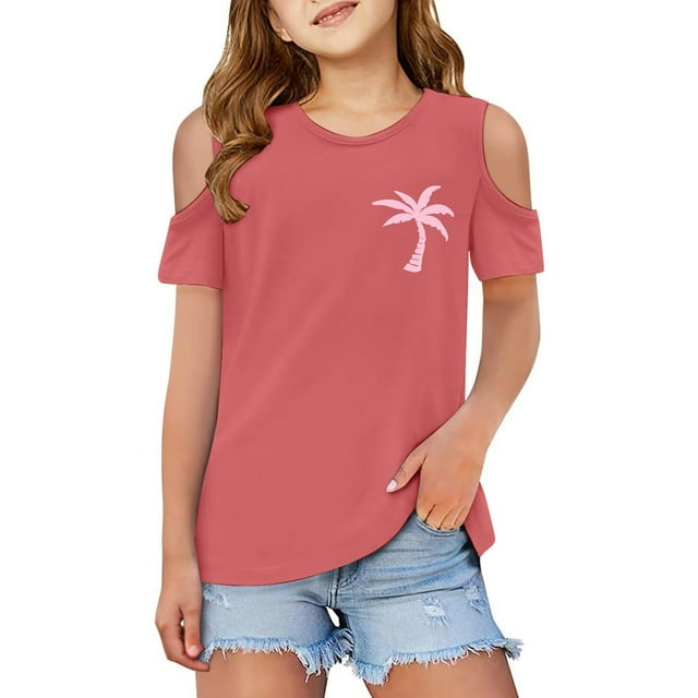 Hiiyo T-Shirt à Épaules Dénudées pour Filles Manches Courtes Col Rond T-Shirt d'Été Plage