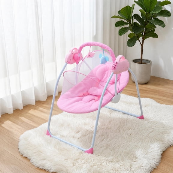 SIMANLI Electric Baby Swing with Bluetooth, Remote, Toys, 4-Speed Adjustable Infant Swing, Auto Rocking, for Newborns to Toddlers, Pink
