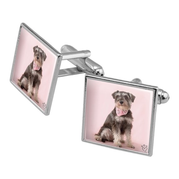 Schnauzer Puppy Dog with Bandana Sitting Square Cufflink Set - Silver or Gold