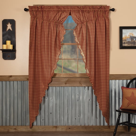 Primitive Prairie Panel Set Country Check Scalloped Window Curtains TCC Brands