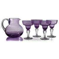 Artland Iris Seeded Plum 5 Piece Hand Blown Glass 2.8 Quart Pitcher and Margarita Glass Set by Artland