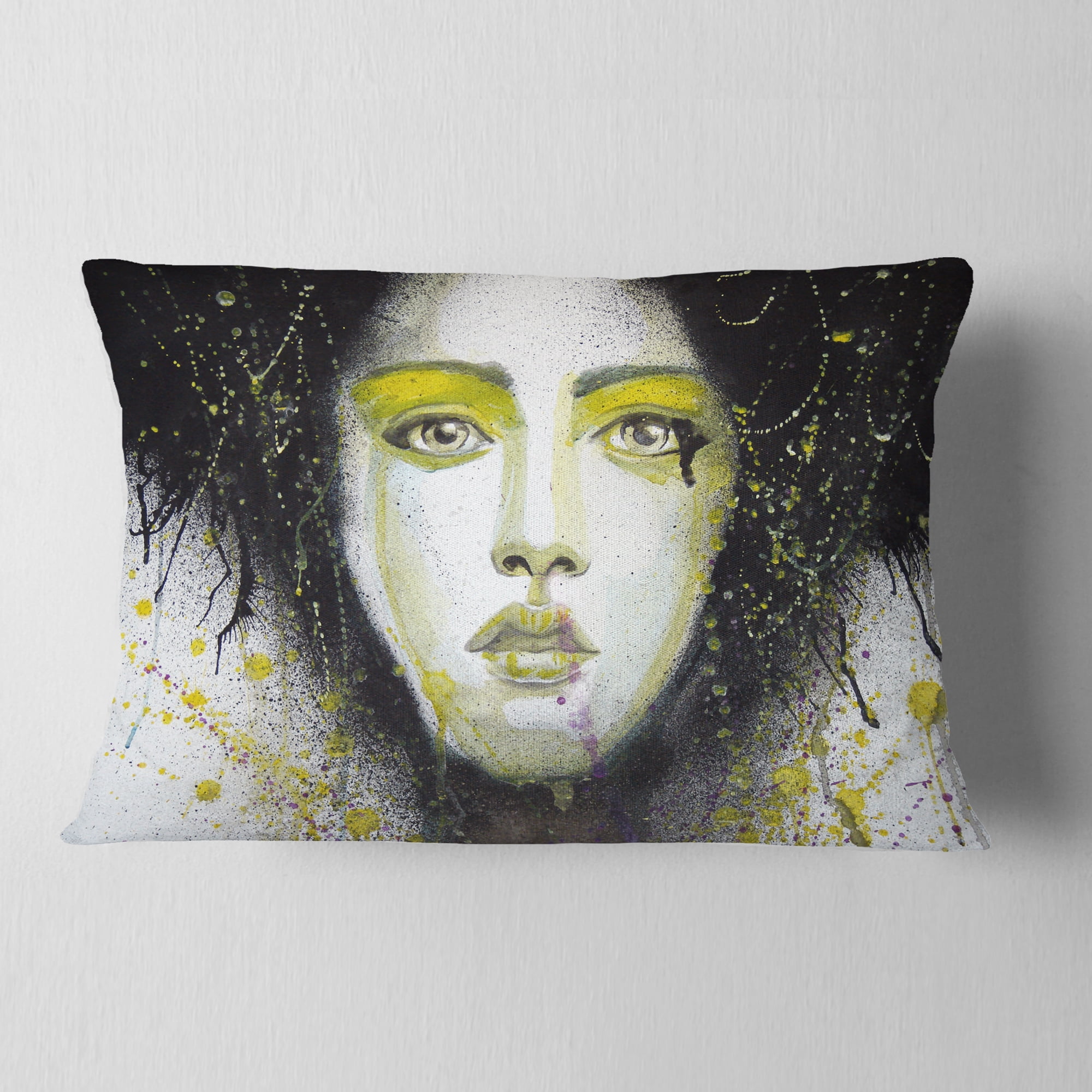 Designart Girl with Yellow Eye line Large - Abstract Portrait Throw Pillow - 12x20