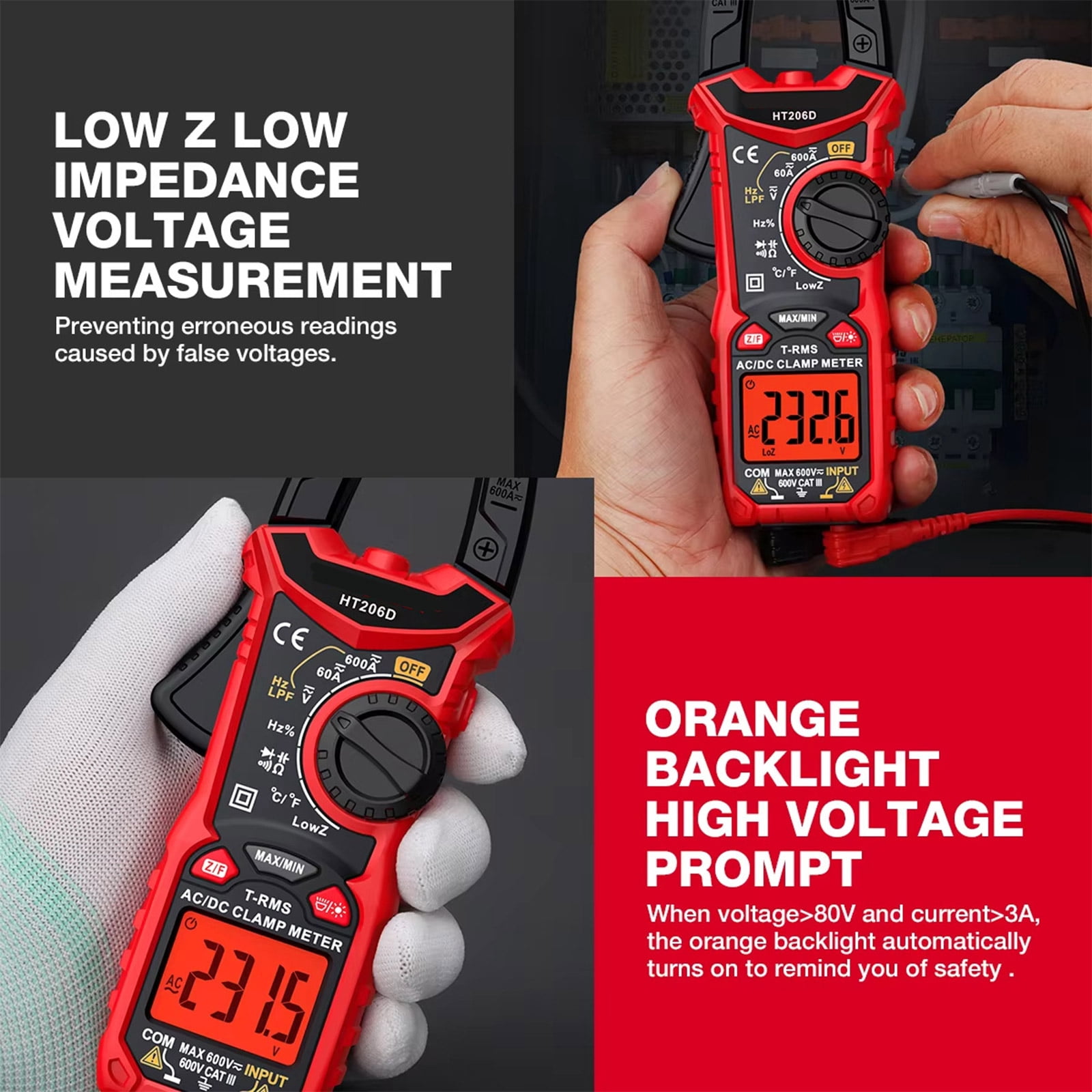 RYUJNDK HT206D Digital Clamp Meter for Voltages Current Resistance Capacitance Frequency Temperature Testing with Bag