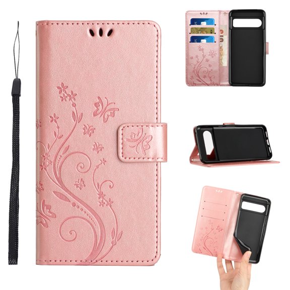 Designed for Google Pixel 8 Pro Case, Wrist Strap Flip Kickstand PU Leather Wallet Case Cash Card Slots Holder, Protective Shockproof Pattern Women Cover for Google Pixel 8 Pro, Rosegold