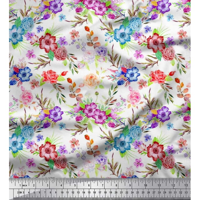 Soimoi Polyester Crepe Fabric Leaves, & Rose Floral Print Fabric by The Yard 52 Inch Wide