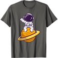 thumbnail image 1 of Cute Cool Astronaut Sitting on Planet Saturn and Waving Hand T-Shirt, 1 of 1