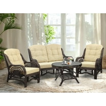 SK New Interiors  Malibu Set of 2 Natural Rattan Wicker Lounge Chairs, Loveseat w/Cream Cushion and Coffee Table w/Glass, Dark Brown