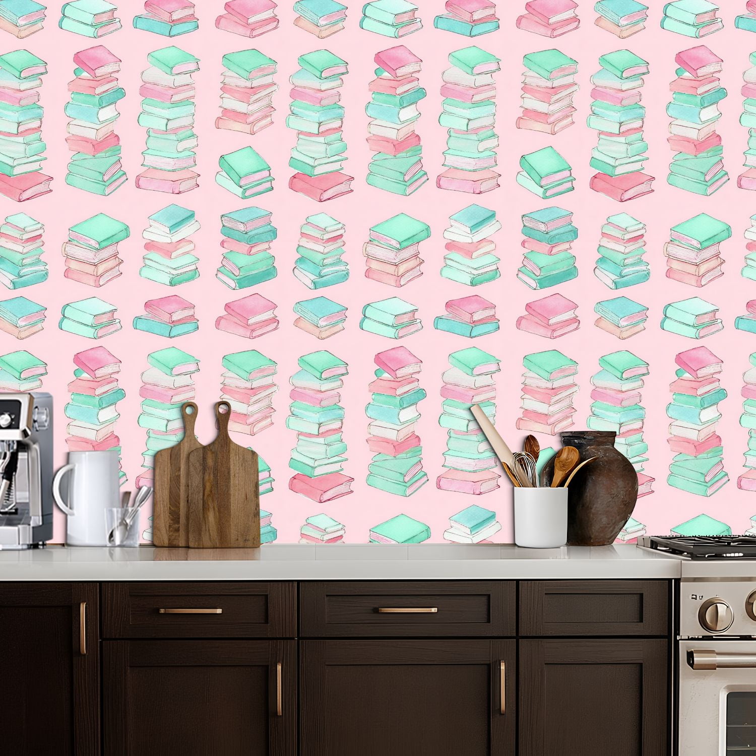 Peel and Stick Wallpaper Watercolor Stack Books Soft Pastel Colors Pink Wall Mural 17.7in x 9.8ft Self Adhesive Removable Wall Paper Renter Friendly Wallpaper for Nursery Bedroom Classroom