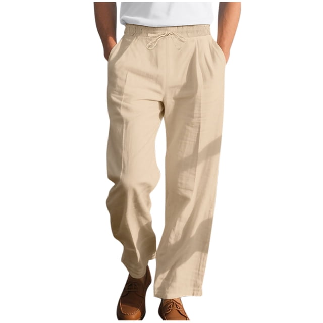 cfhntfmh Mens Lined Pants Stretch Dress Pants Solid Color Comfy Trousers Drawstring Lightweight Work Slacks with Pockets(Khaki,Large)