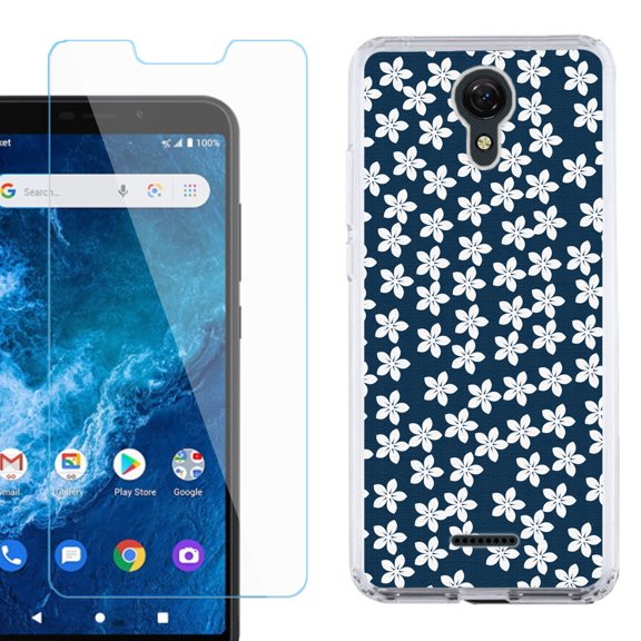 Slim-Fit Protective Phone Case compatible with Cricket Icon 2, with Tempered Glass Screen Protector, by OneToughShield ® - Flower/Blue