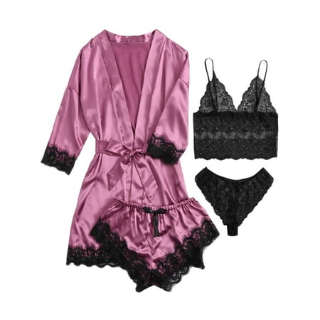 LilyLLL Womens Satin Silk Sleepwear Set 4pcs Pajamas Babydoll Lace Lingerie Nightdress Bobe