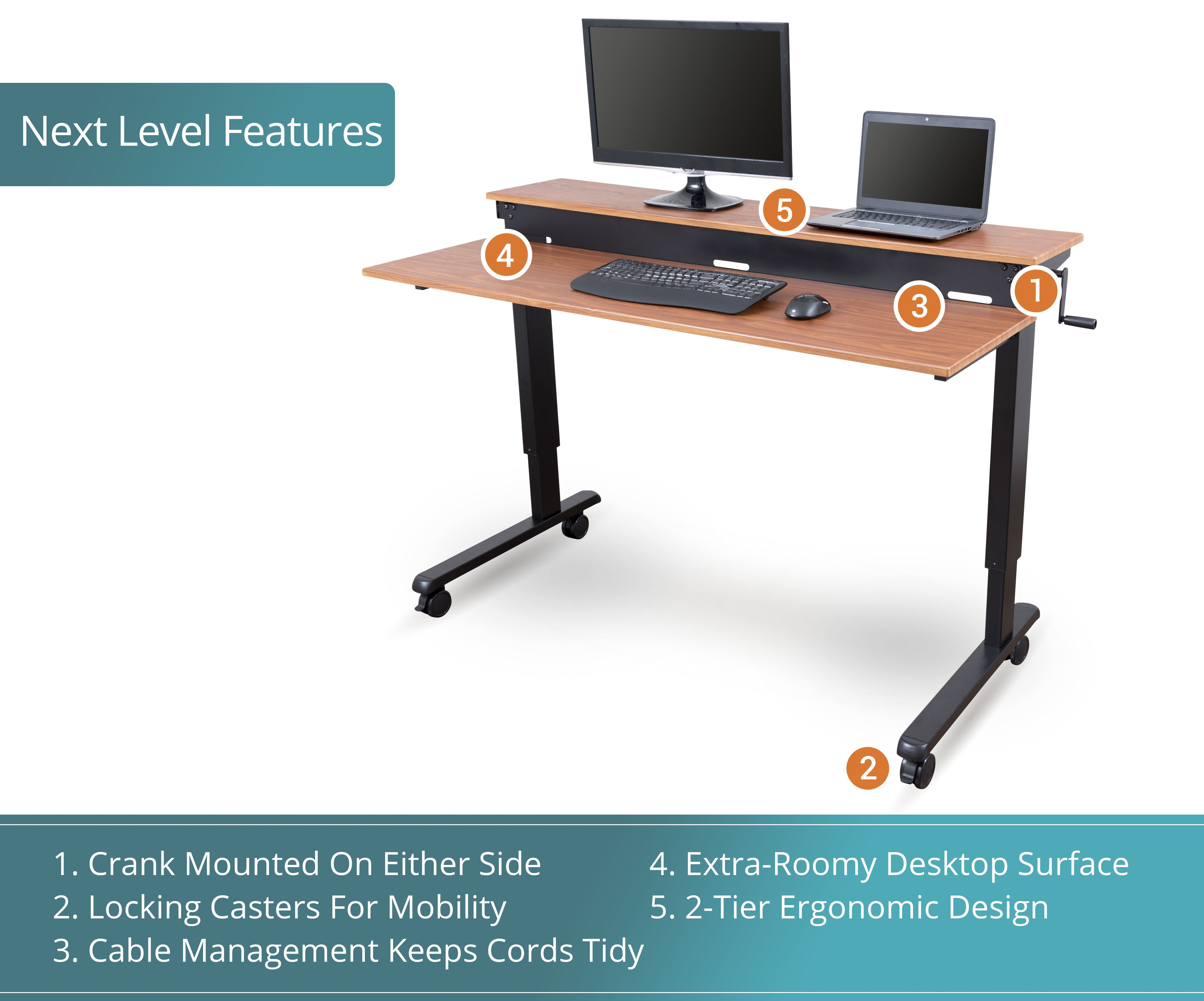 Stand Up Desk Store Crank Adjustable Two Tier Standing Desk with Heavy Duty Steel Frame (Black Frame/Teak Top, 48" Wide)