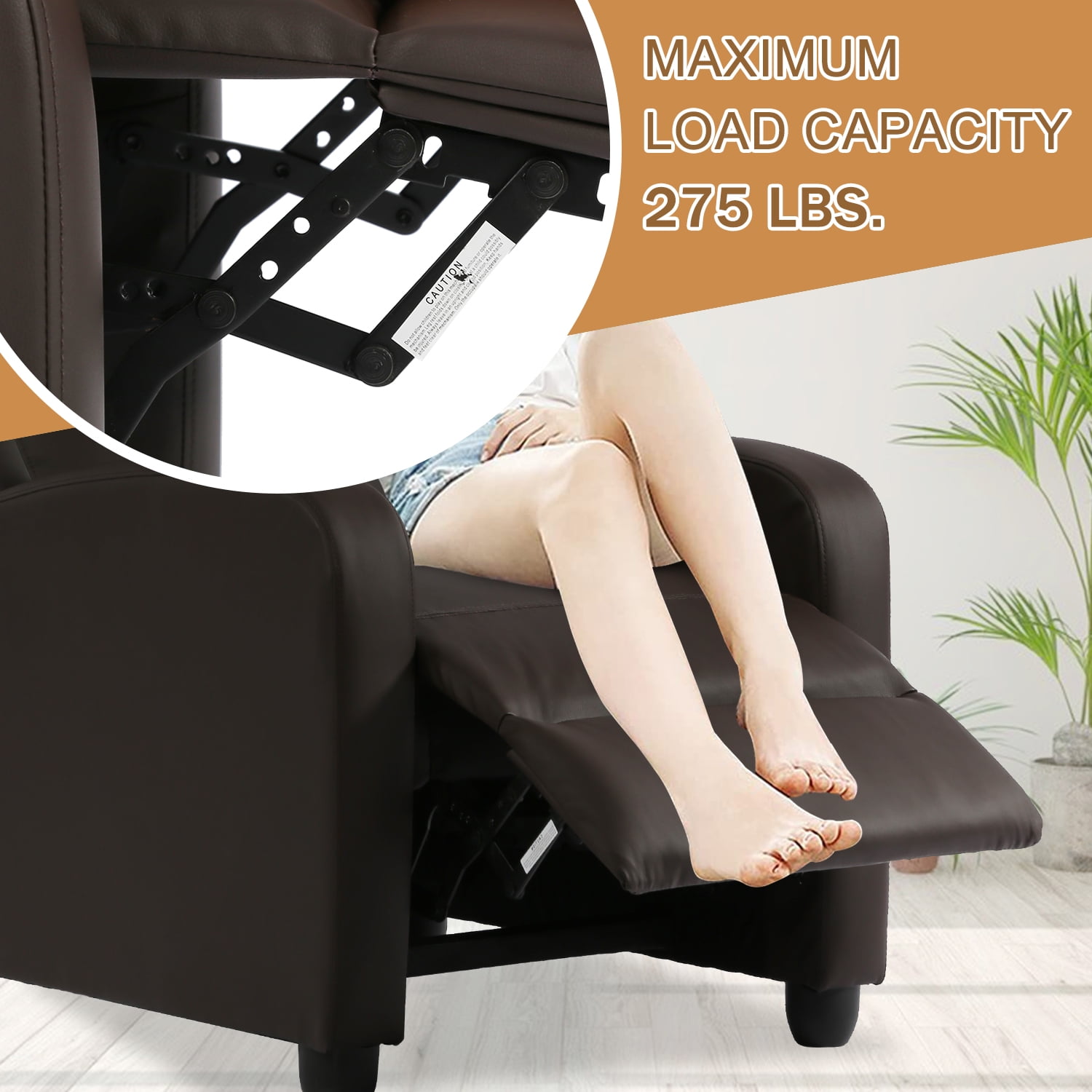 Massage Recliner Chair Single Sofa Recliner, High- Quality PU Leather Padded Seat for Living Room Modern Recliner Seat Club Chair Home Theater Seating, Brown