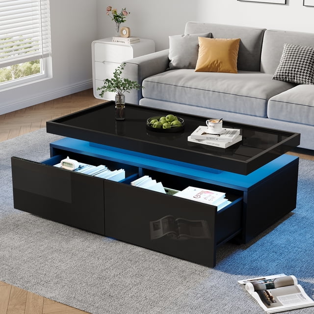 Noble House 37.4" High-Gloss Coffee Table,LED Lit with 2 Drawers,Black