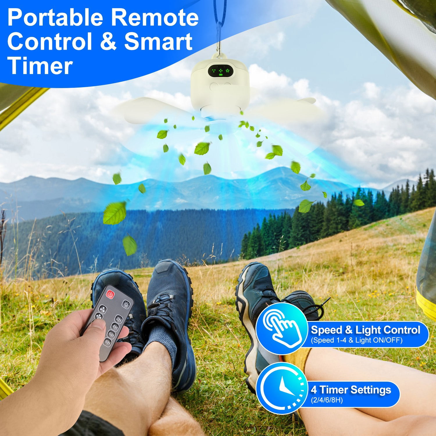2 In 1 Portable Camping Fan with LED Lantern 8000mAh Battery Powered Tent Fan with Carabiner Digital Display 4 Speeds 4 Timer Settings for Camping Canopy Tents RV