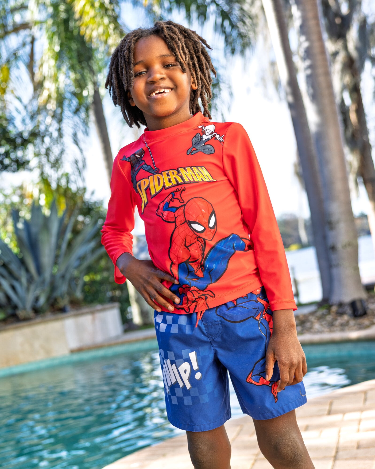 Marvel Spider-Man Toddler Boys' Swimwear 2-Piece Rash Guard and Swim Trunks Set Spidey Miles Red Blue
