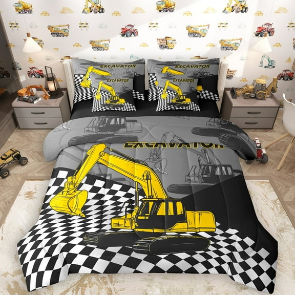 Manfei Construction Truck Boys 7-Piece Twin Bedding Sets, Cartoon Yellow Tractor Bedding Comforter Set, Vehicle Theme Reversible Sheet Sets, Luxury Bedroom Decor