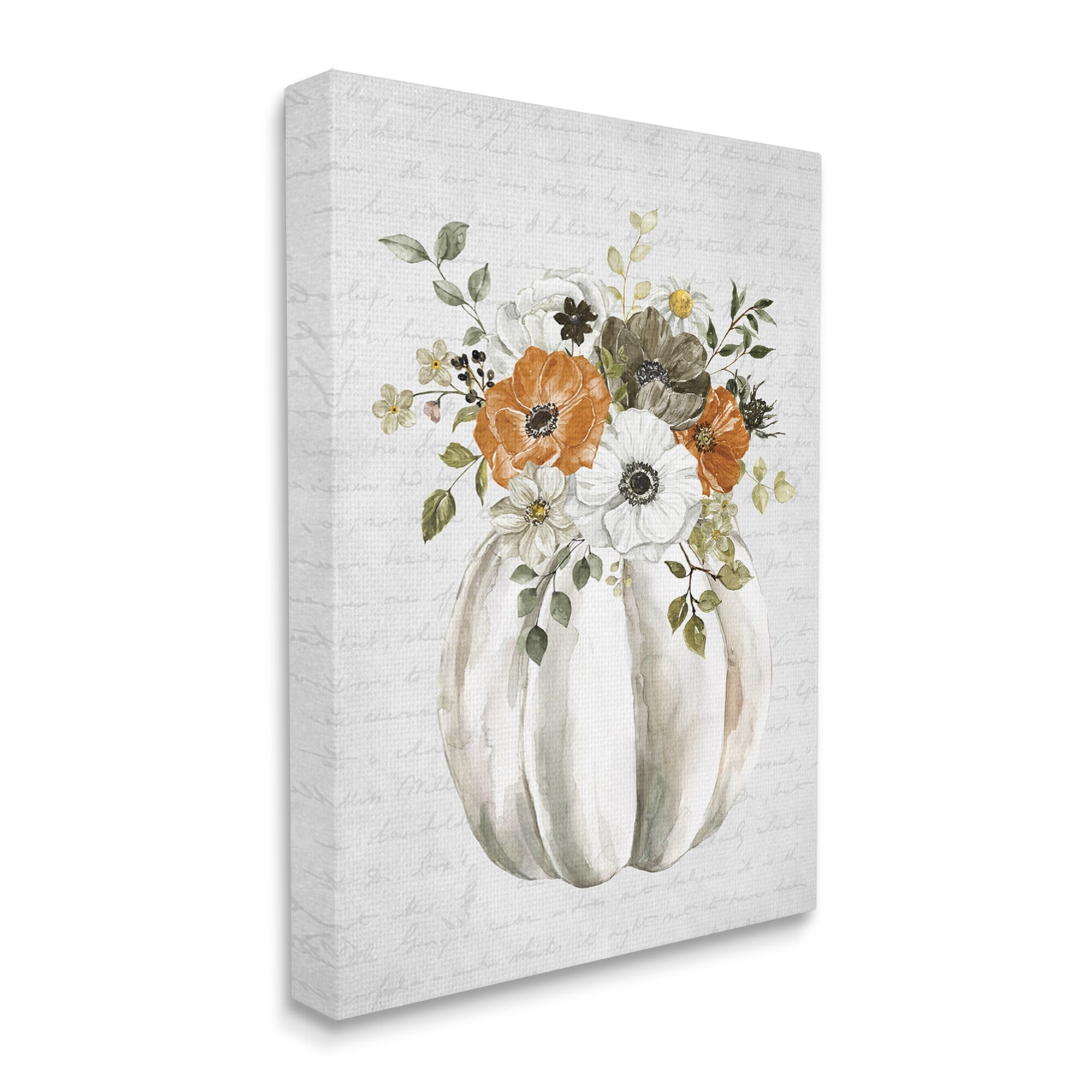Festive Flower Bouquet Pumpkin Cursive Words Background Botanical & Floral Graphic Art Gallery-Wrapped Canvas Print Wall Art