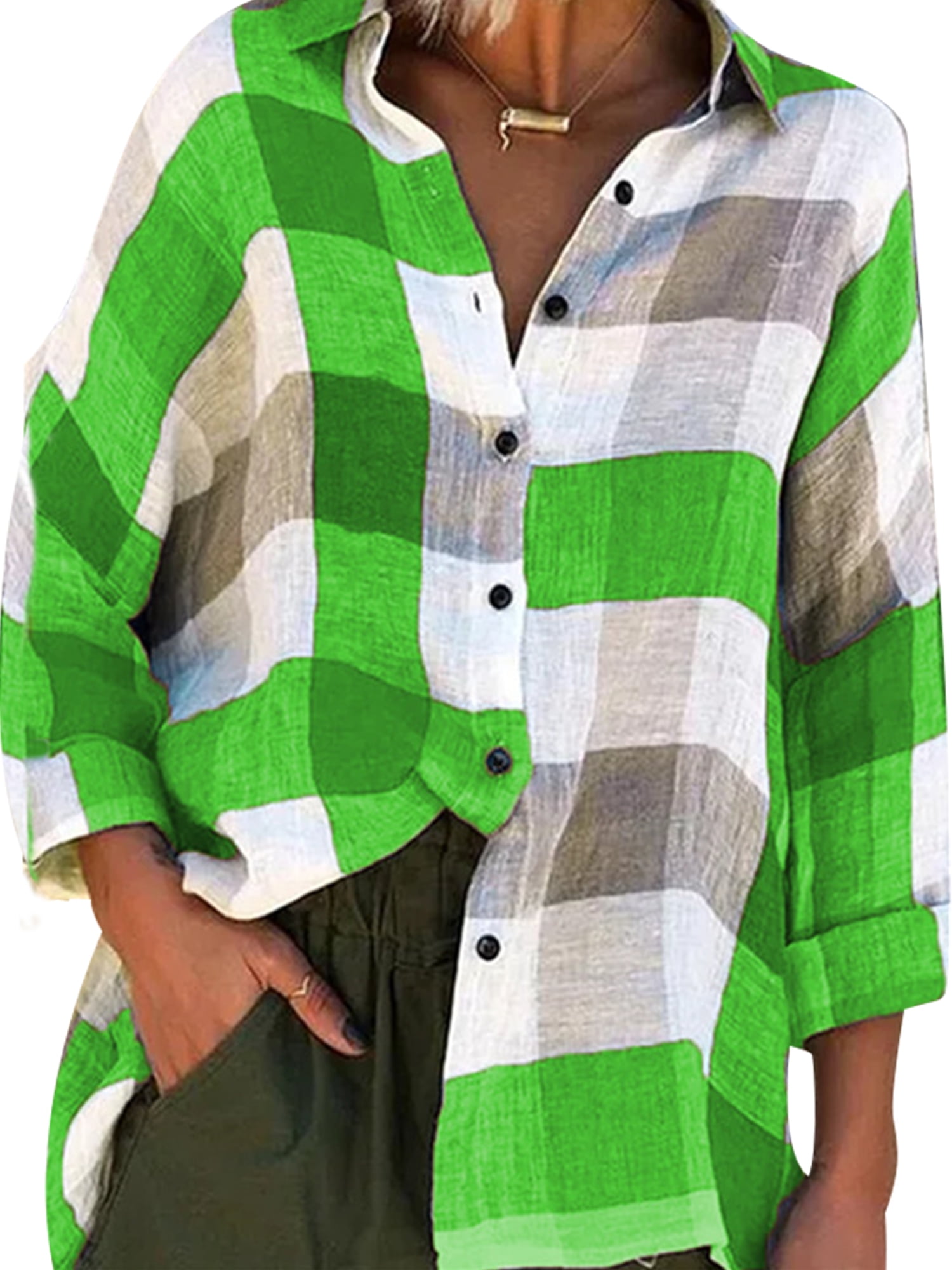 Uhndy Women's Plus Size Button Down Plaid Tops Casual Loose Long Sleeve ...