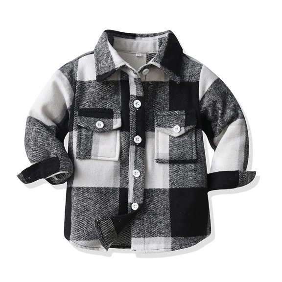 Toddler Baby Boys Flannel Plaid Shirt Kids Button Fall Long Sleeve Down Jacket Lapel Pocket Top Fashion Casual Clothes