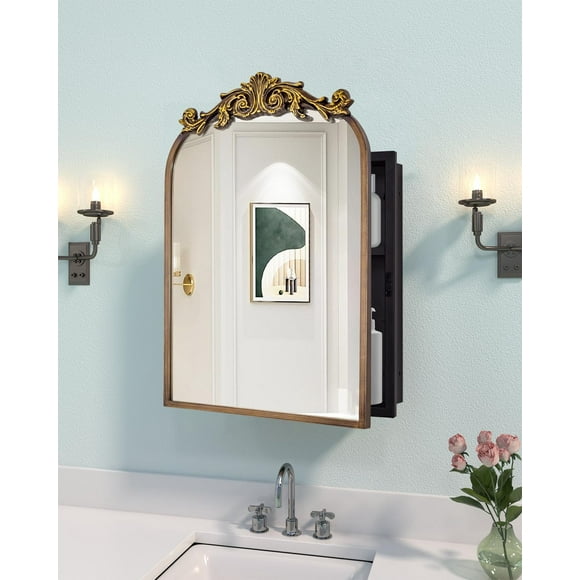 16x24 Inch Recessed or Surface Mount Medicine Cabinet Mirror with Vintage Bronze Carving & Hand-Painted Aluminum Frame, All-Metal Construction, 2 Shelves, Arched Mirror for Bathroom, Entryway, Hallway