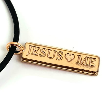 Jesus Loves Me Rose Gold Color Metal Finish Necklace On Black Rubber Cord (sc11rosey)