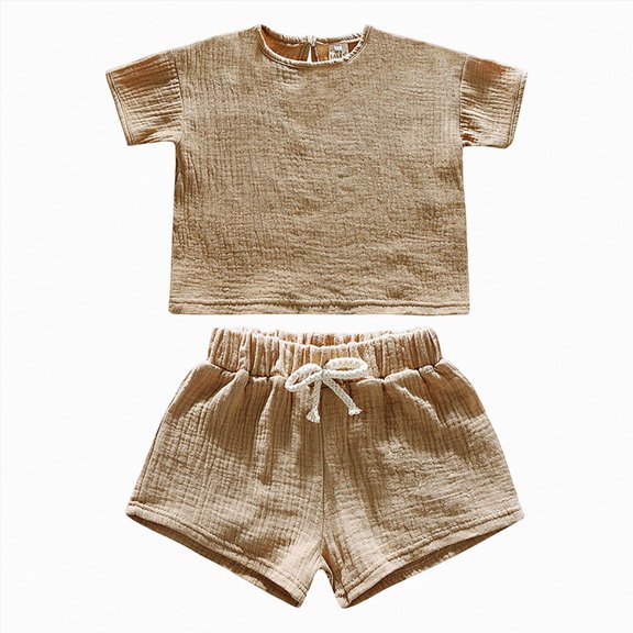 NIEWTR Toddler Summer Set 2-Piece Short Sleeve Crewneck Top & Pull-on Shorts Breathable Pajamas for Boy Girl 2T 3T 4T 5T Loungewear(A-Khaki,3-4 Years)