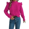 thumbnail image 2 of Womens Sweaters Sweater for Women Crewneck Ruffle Long Sleeve Solid Color Loose Pullover Top Winter 2025 Rose Red S, 2 of 9