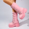 thumbnail image 5 of SACFOF Women's Pink Platform Boots Wedge Combat Gothic Chunky Heel Mid Calf Punk Motorcycle Shoes, 5 of 6