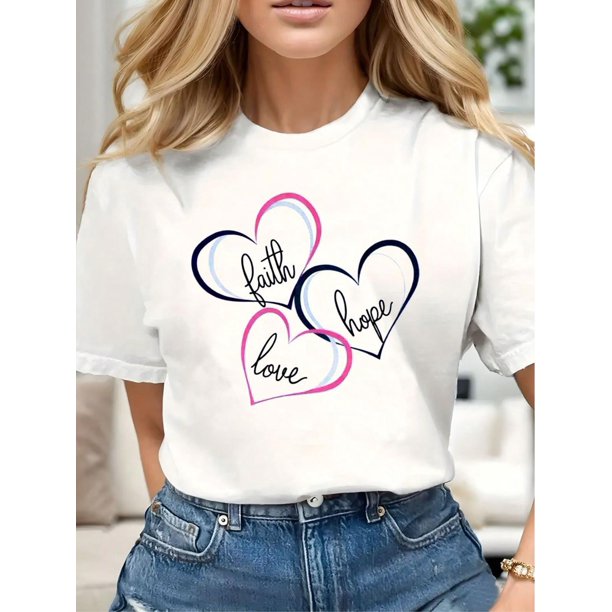Vintage Valentine's Day Heart Design T-Shirt Crew Neck Tee Casual Comfy Tees