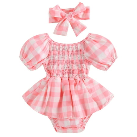 

Musuos Baby Girls Plaid Romper Dress Ruched Onesies Jumpsuit with Headband