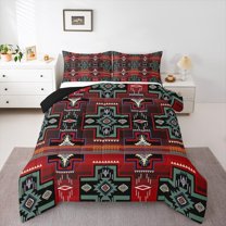 Homewish Bohemian Aztec Queen Comforter Set for Teen, Red Teal Square Bedding Sets, Vintage Mandala Western Reversible Bedding Comforter Set, Lightweight Room Decor, 3-Piece